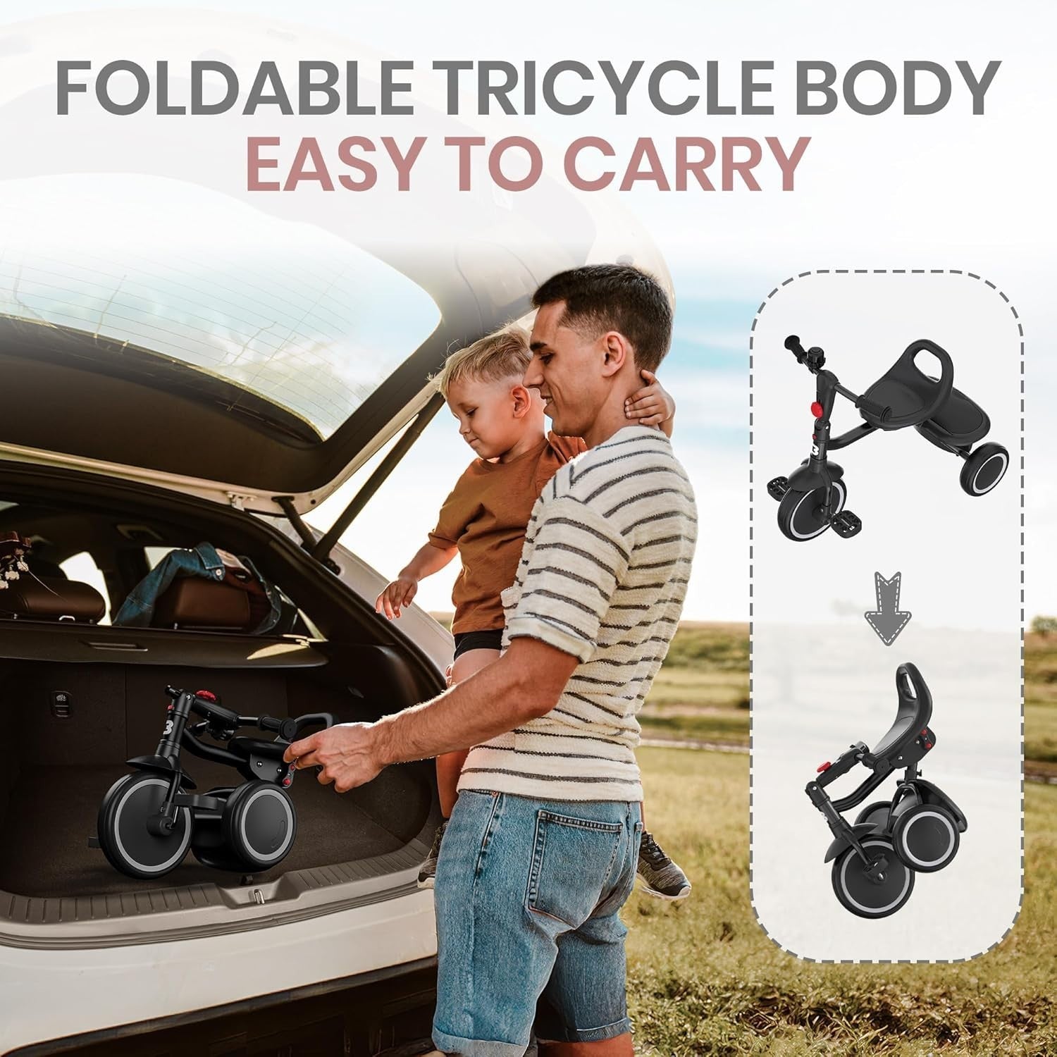 Foldable Toddler Tricycle Kids Trike Adjustable Seat Black Age 18M-5Y