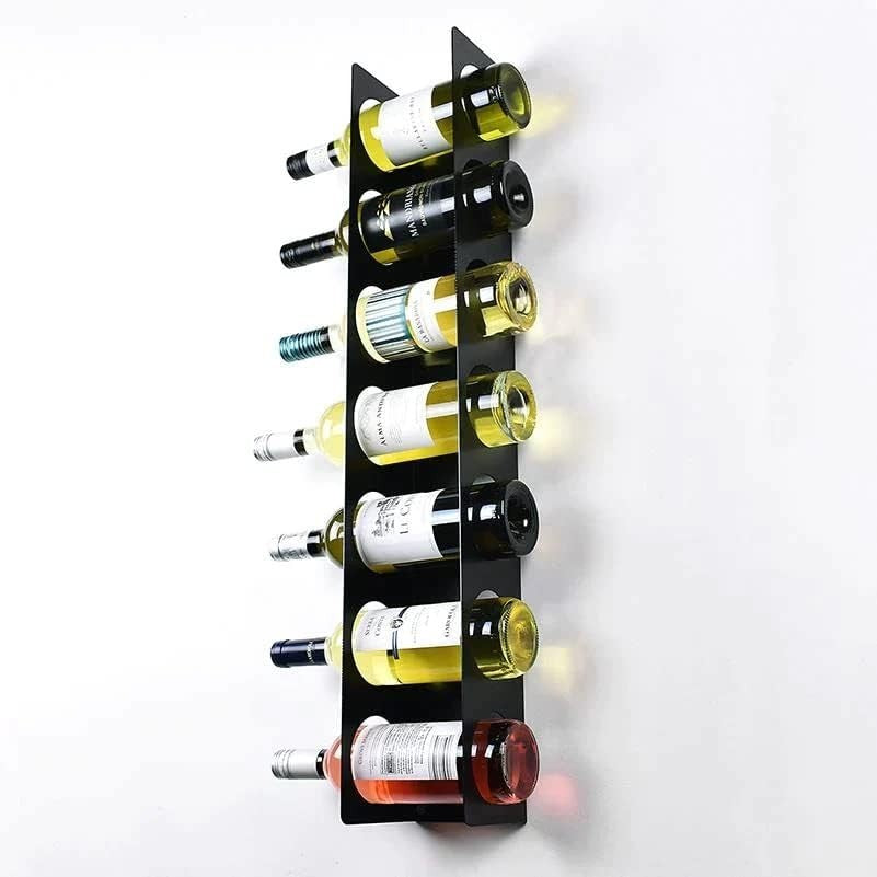 Wall Mounted Vertical Wine Rack 7 Bottle Holder Modern Space Saving Steel Black