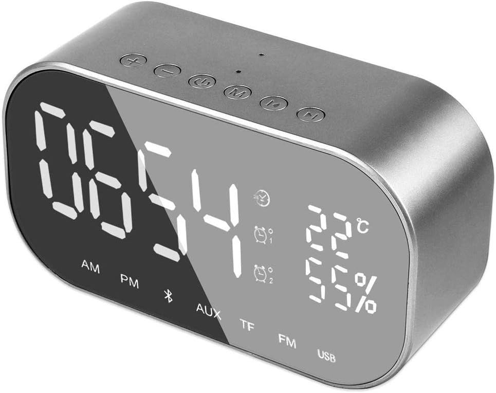 Silver Digital Alarm Clock Radio LED Display Dual Speakers Snooze Dimmer