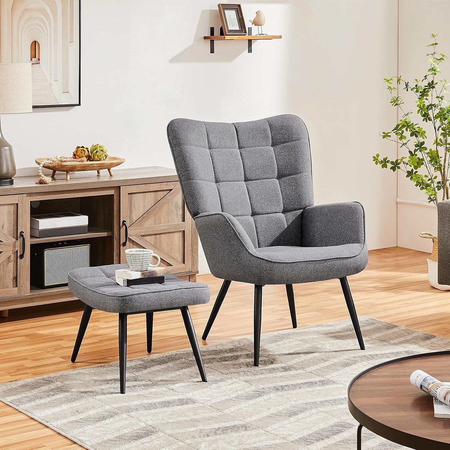 Modern Oversized Gray Linen Accent Chair with Ottoman - High Back Living Room