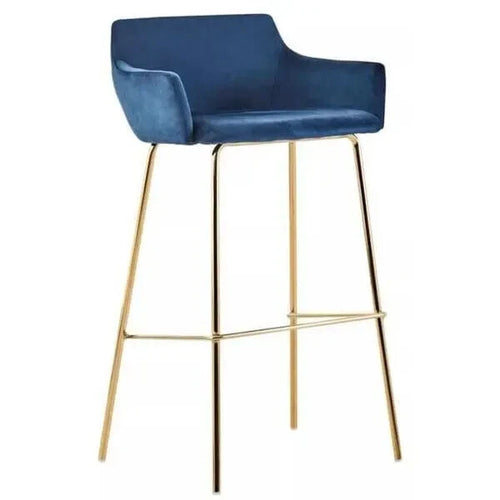 Blue Velvet Bar Stool with Arms Gold Metal Legs Low Back Breakfast Chair