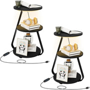 Set of 2 LED Bedside Tables – 3 Tier Round End Tables with Storage Black