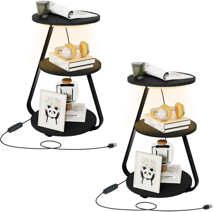 Set of 2 LED Bedside Tables – 3 Tier Round End Tables with Storage Black