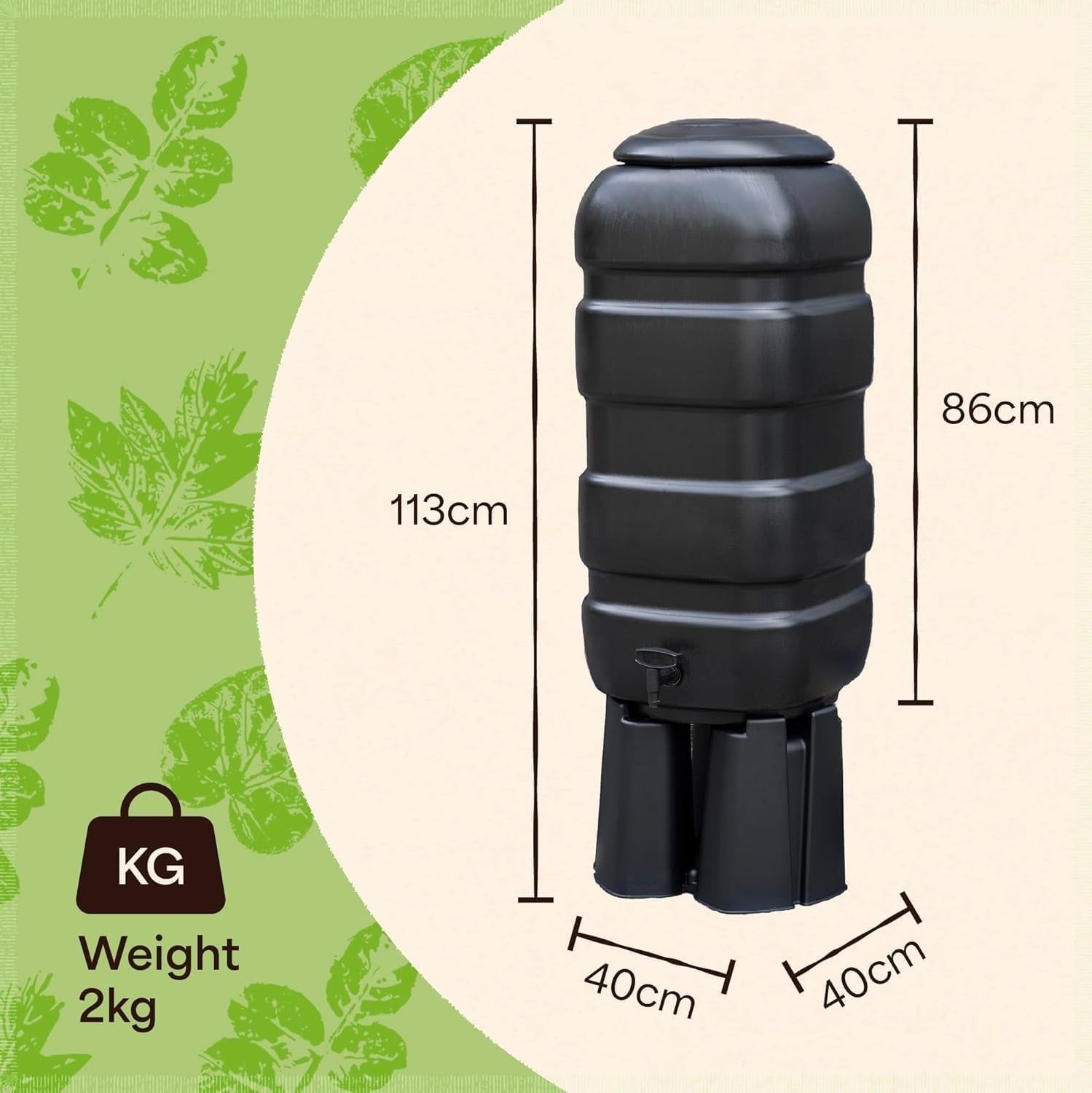 100L Slim Garden Water Butt Kit with Tap, Stand & Rain Diverter