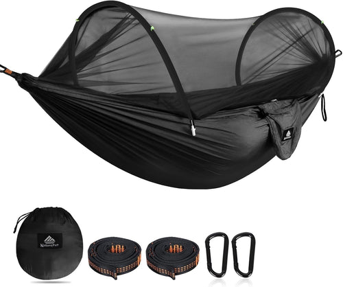Ultralight Camping Hammock Black | 300kg Load | Pop-Up Bug Net + Tree Straps