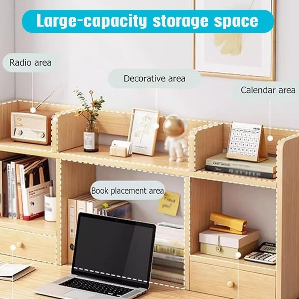 Wood Desk Hutch Bookshelf 3-Tier White Countertop Organizer w/ Doors 100×16×52cm