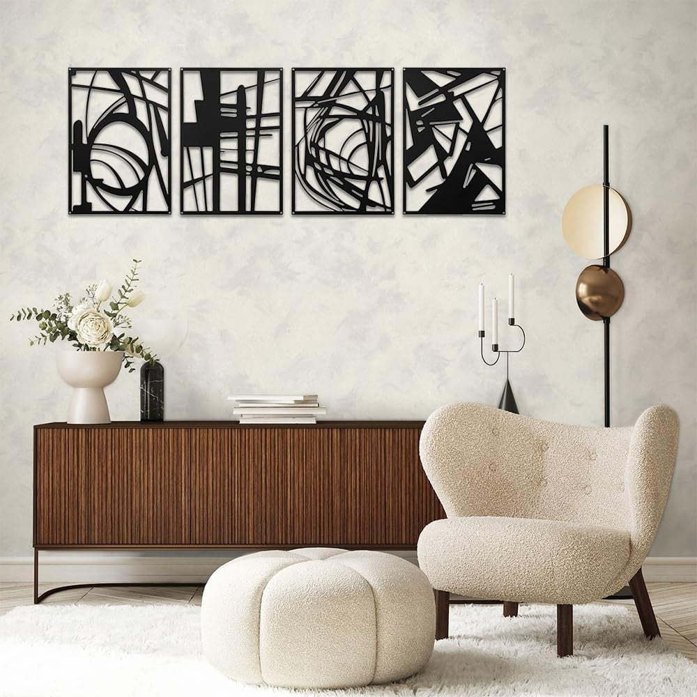 Abstract Black Metal Wall Art 4pc Modern Iron Panels