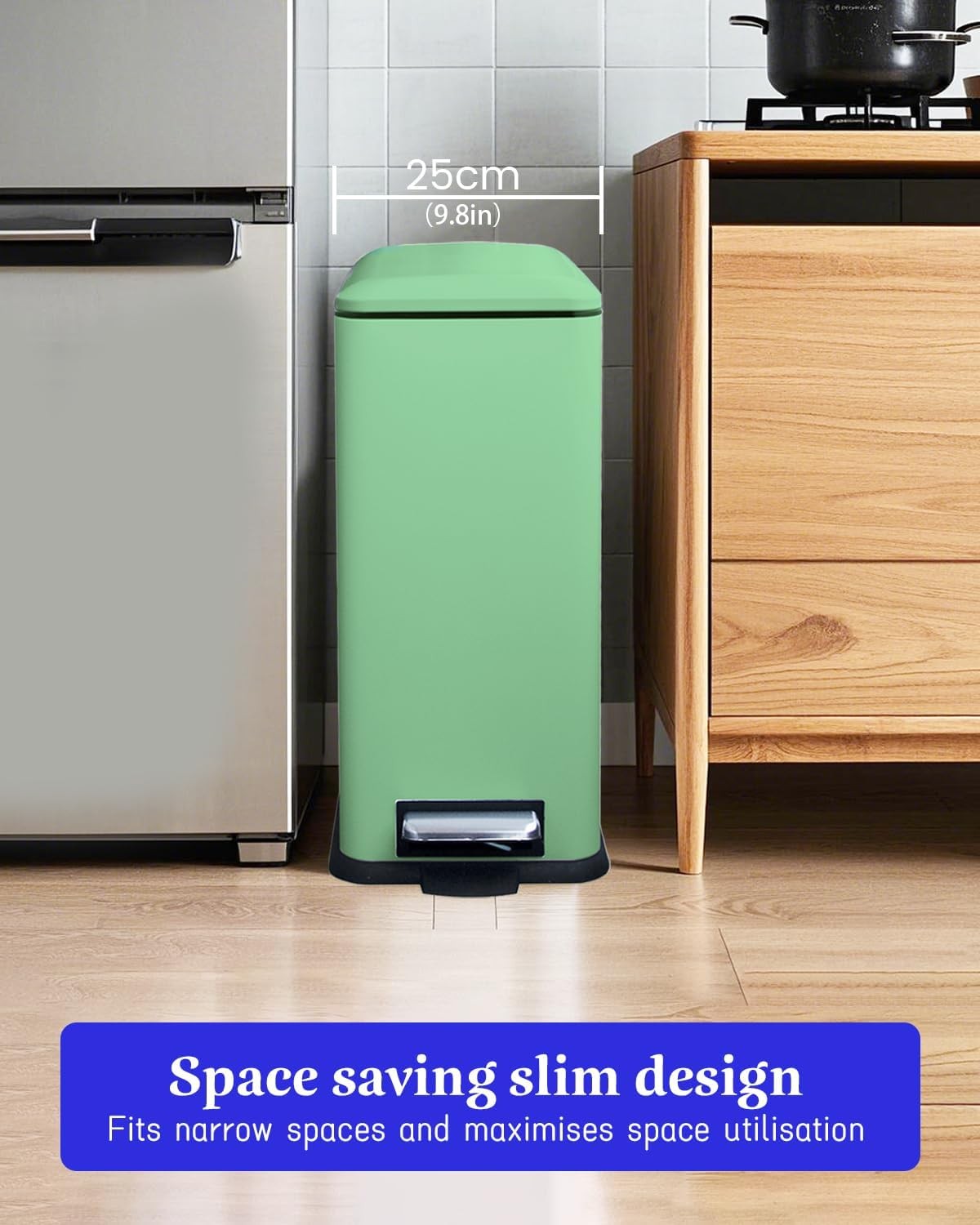 30L Green Stainless Steel Pedal Bin Slim Kitchen Soft Close Lid