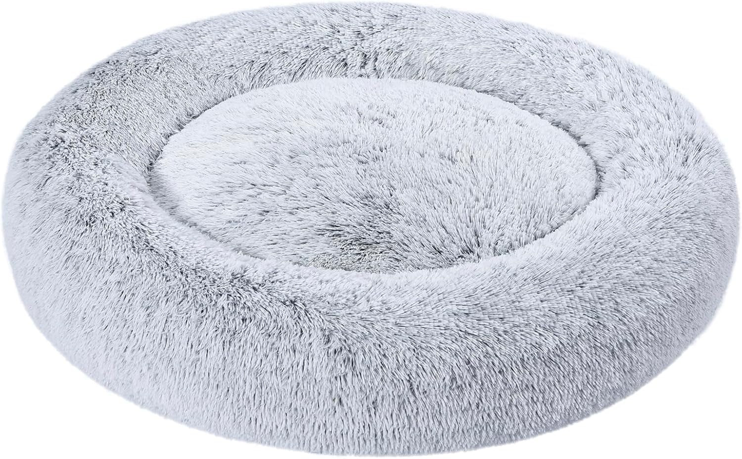 Large Plush Donut Dog Bed 91cm Faux Fur Washable Grey