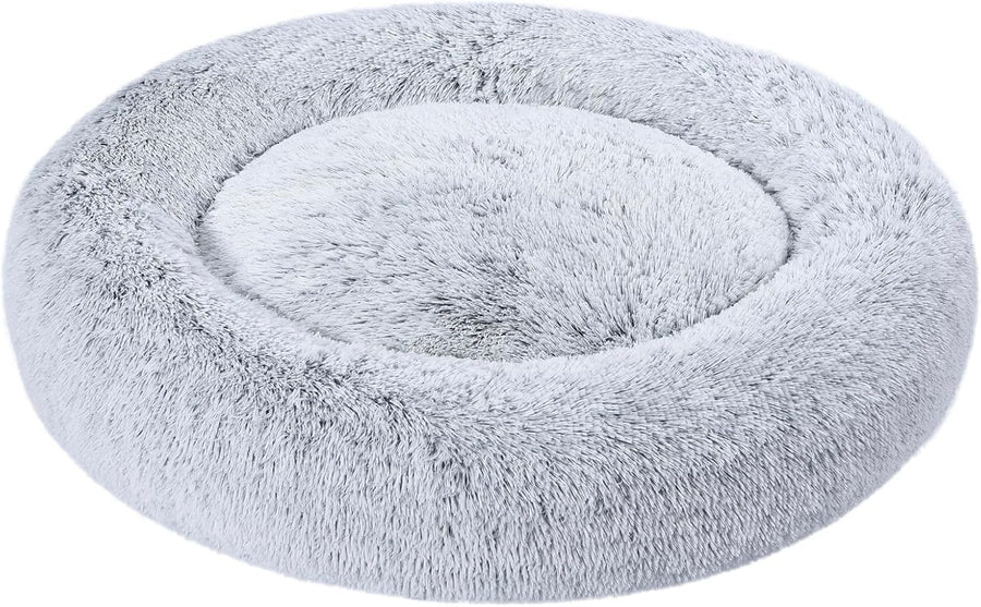 Large Plush Donut Dog Bed 91cm Faux Fur Washable Grey