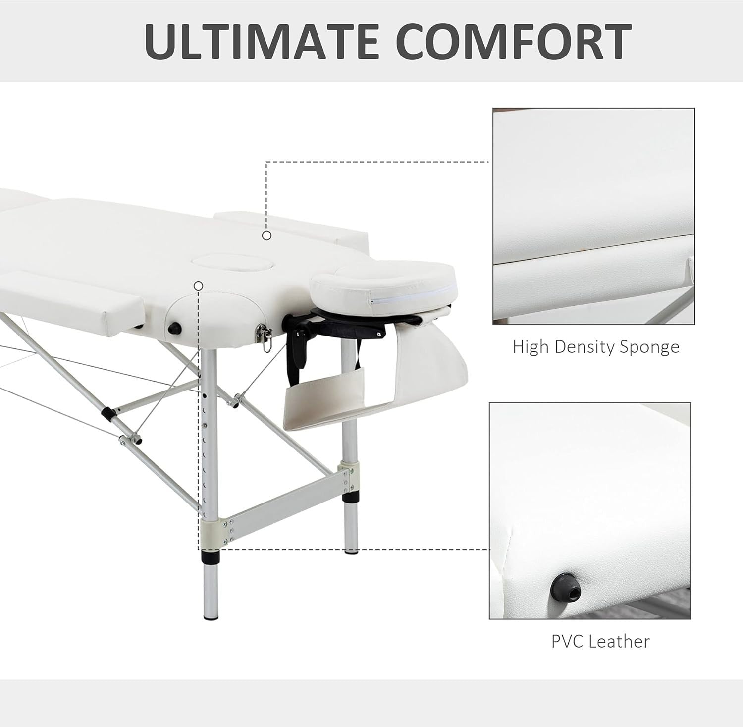 Portable Massage Table 3-Section Foldable Aluminium Beauty Bed w/ Bag White