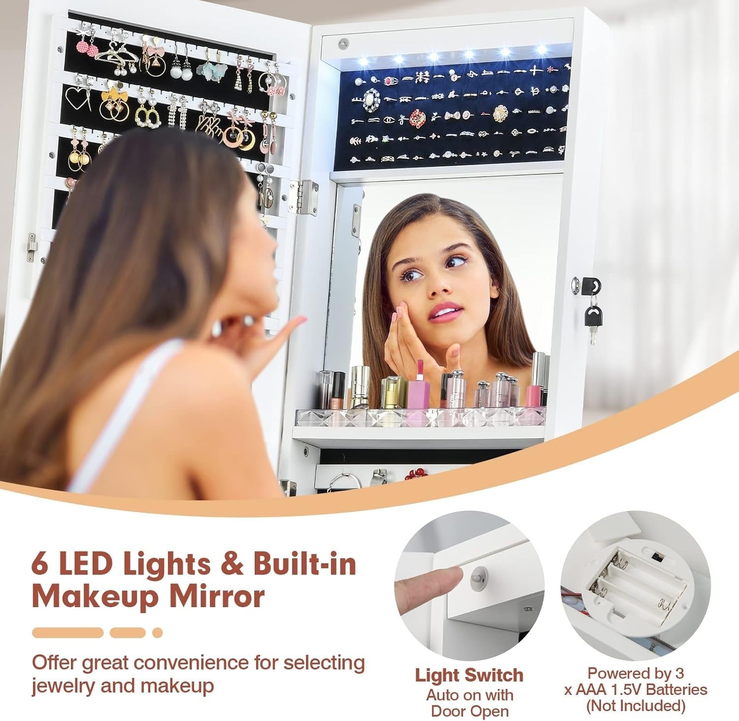 White Standing Jewelry Armoire Mirror LED Lights Lockable Adjustable Storage