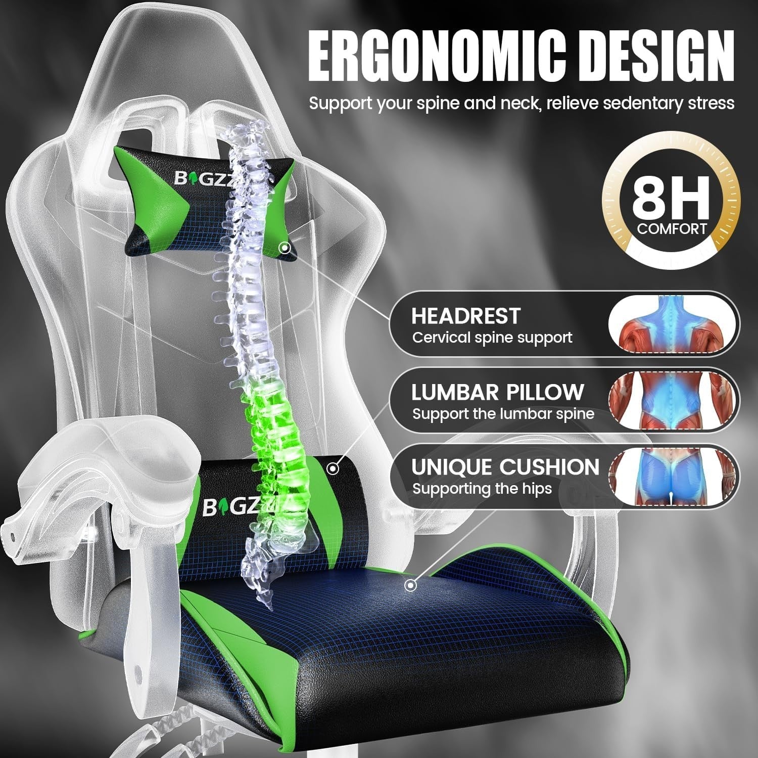 Ergonomic Gaming Chair PC Desk Office Racing Recliner Green Adjustable Padded