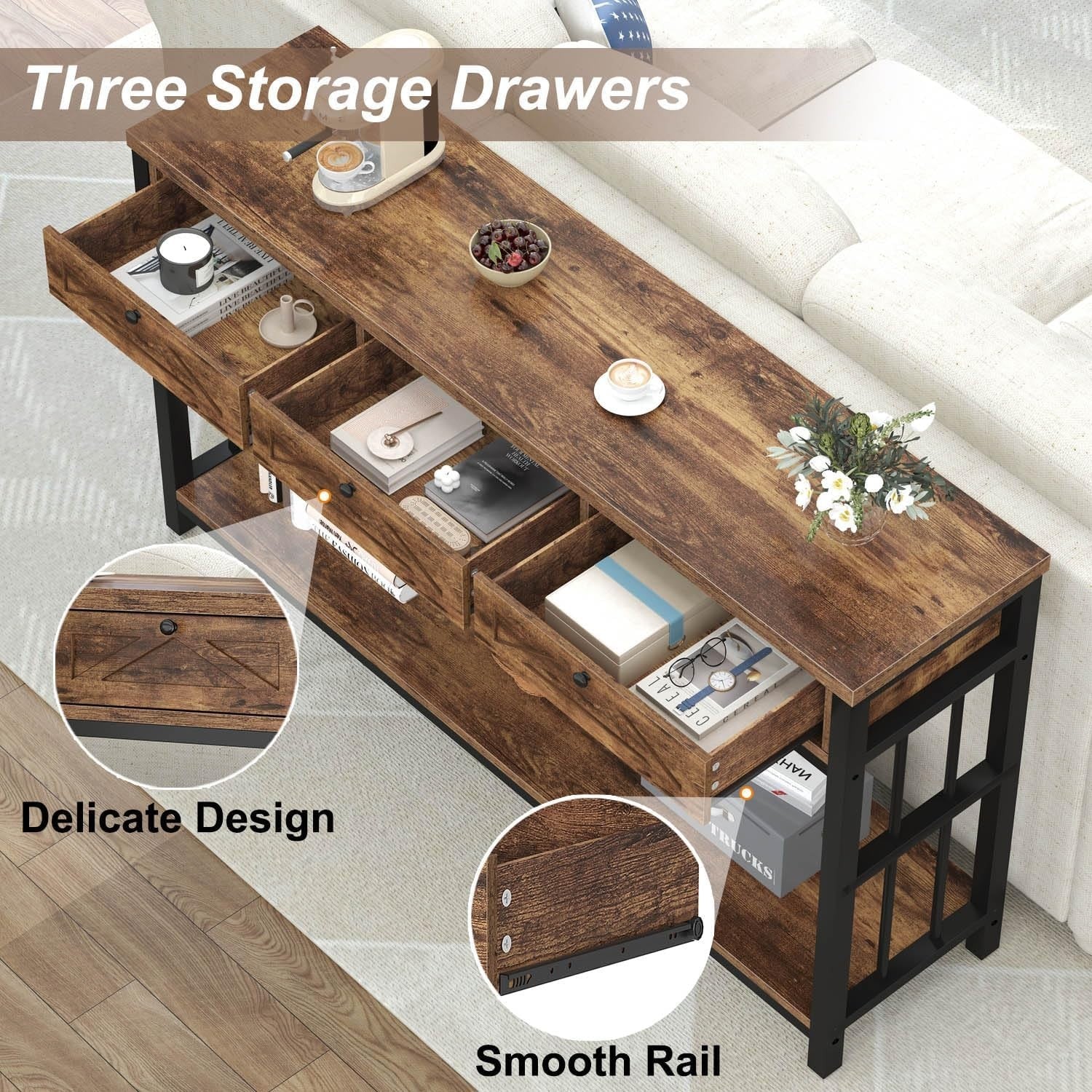 Rustic Entryway Console Table with 3 Drawers & Open Shelf, 140x34x80cm