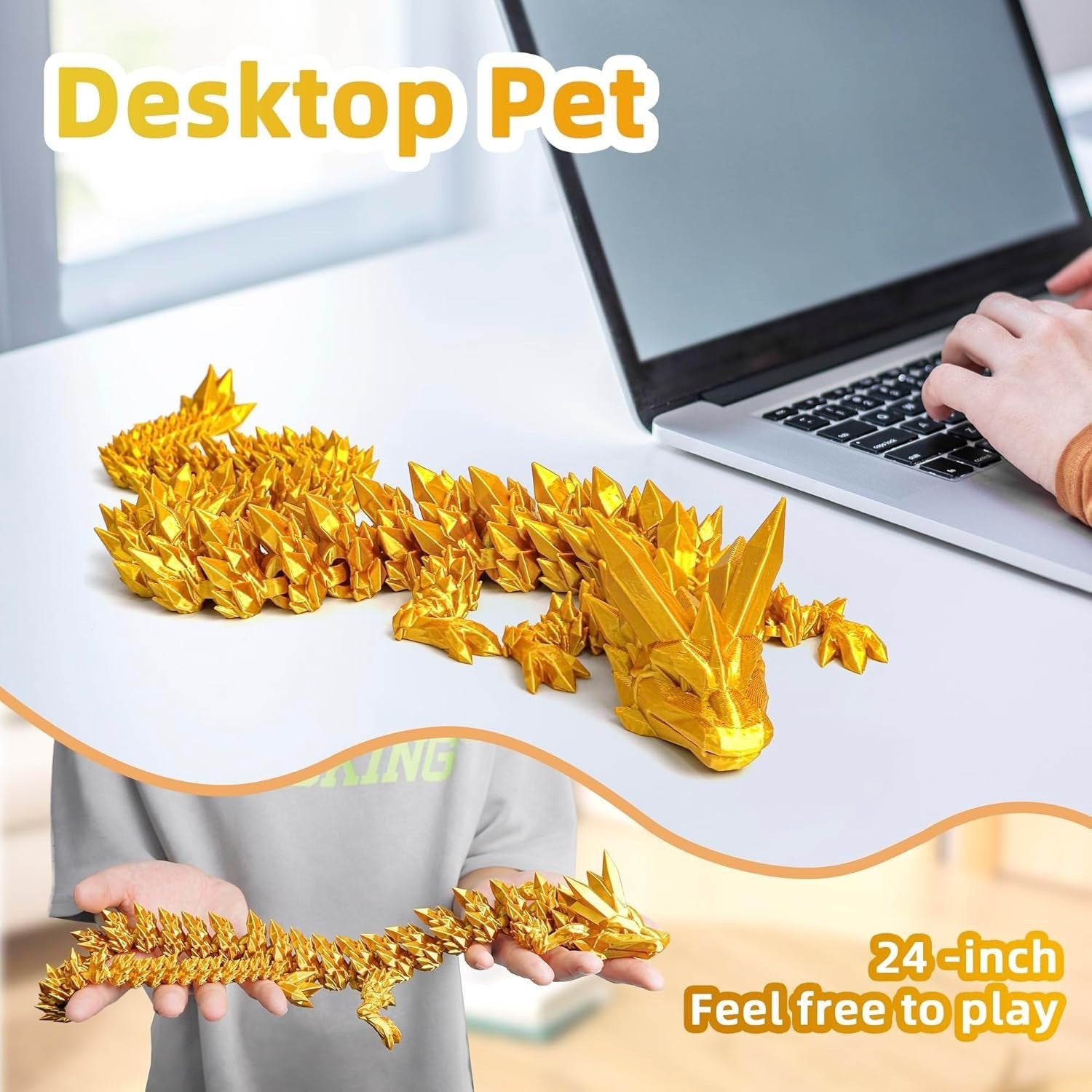 24in Gold Pearly 3D Printed Dragon Articulated Fantasy Fidget Decor