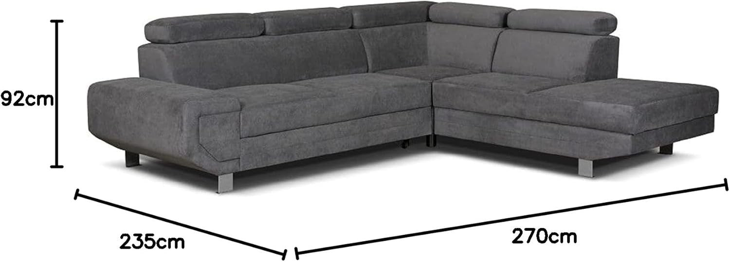 Grey L-Shape Corner Sofa Bed with Storage Right Arm Metal Frame