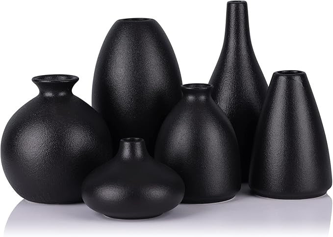 Black Ceramic Vase Set of 6 Matte Modern Bud Vases Home Decor Centerpiece