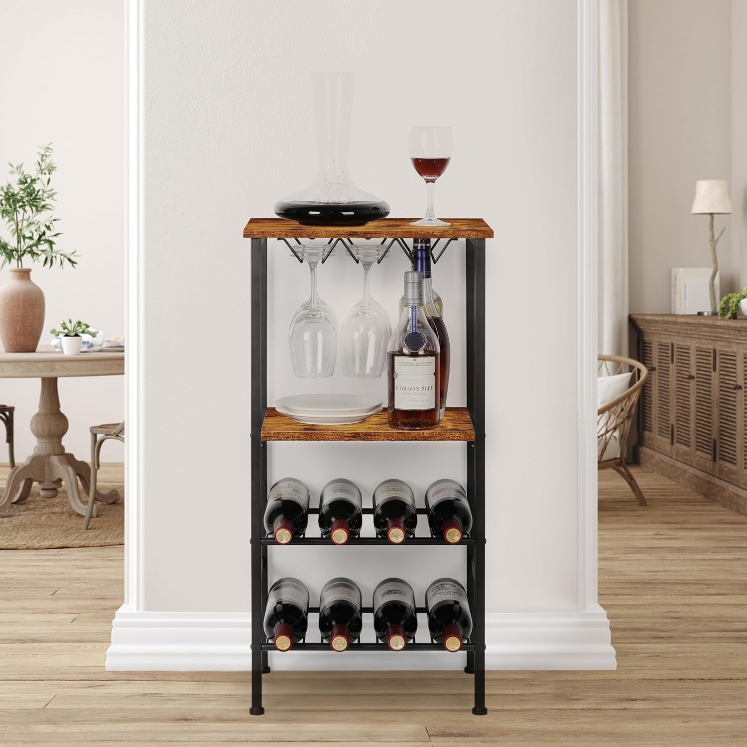 4-Tier Wine Rack with Glass Holder Rustic Bar Storage Shelf Free Standing Unit