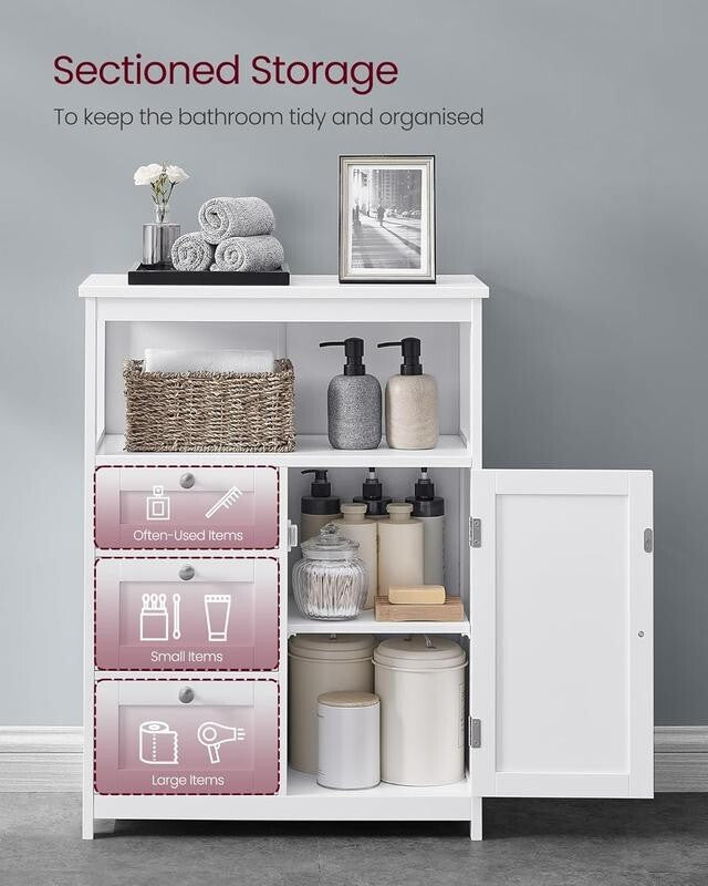 White Bathroom Storage Cabinet 3 Drawer 1 Door – Adjustable Shelf Cupboard