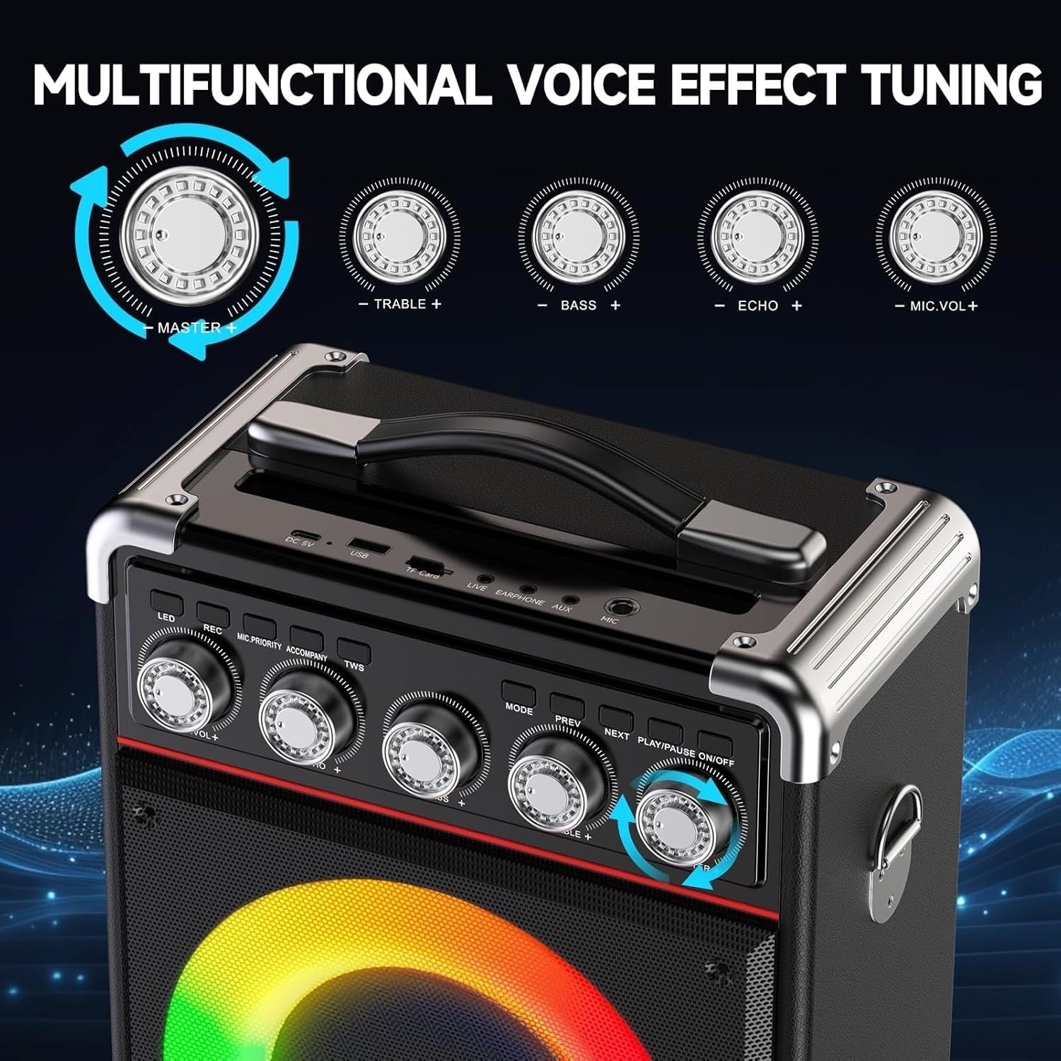 Bluetooth Karaoke Machine with 2 Mics PA Speaker LED Remote