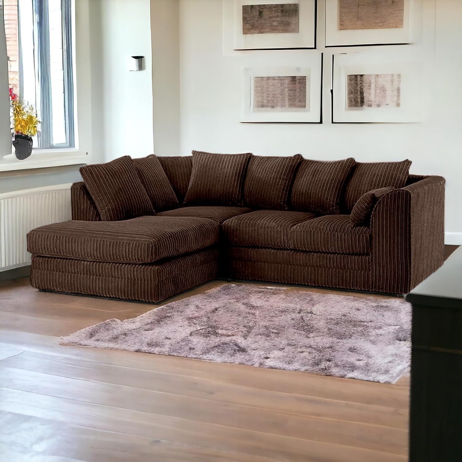 4 Seater Brown Jumbo Cord Scatter Back Left Hand Corner Sofa with Deep Seats