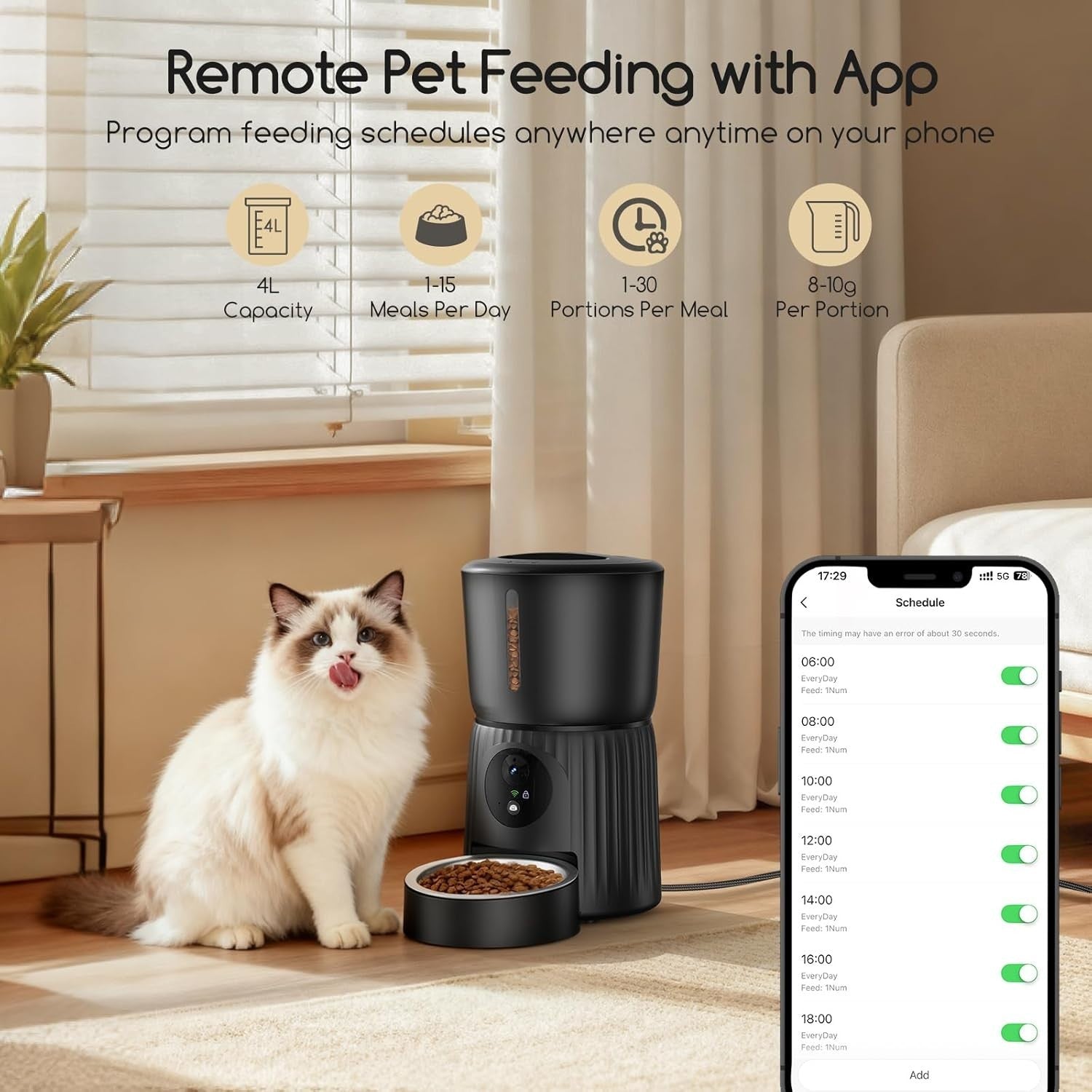 Automatic Cat Feeder Camera 1080P HD WiFi App Control 4L Food Dispenser