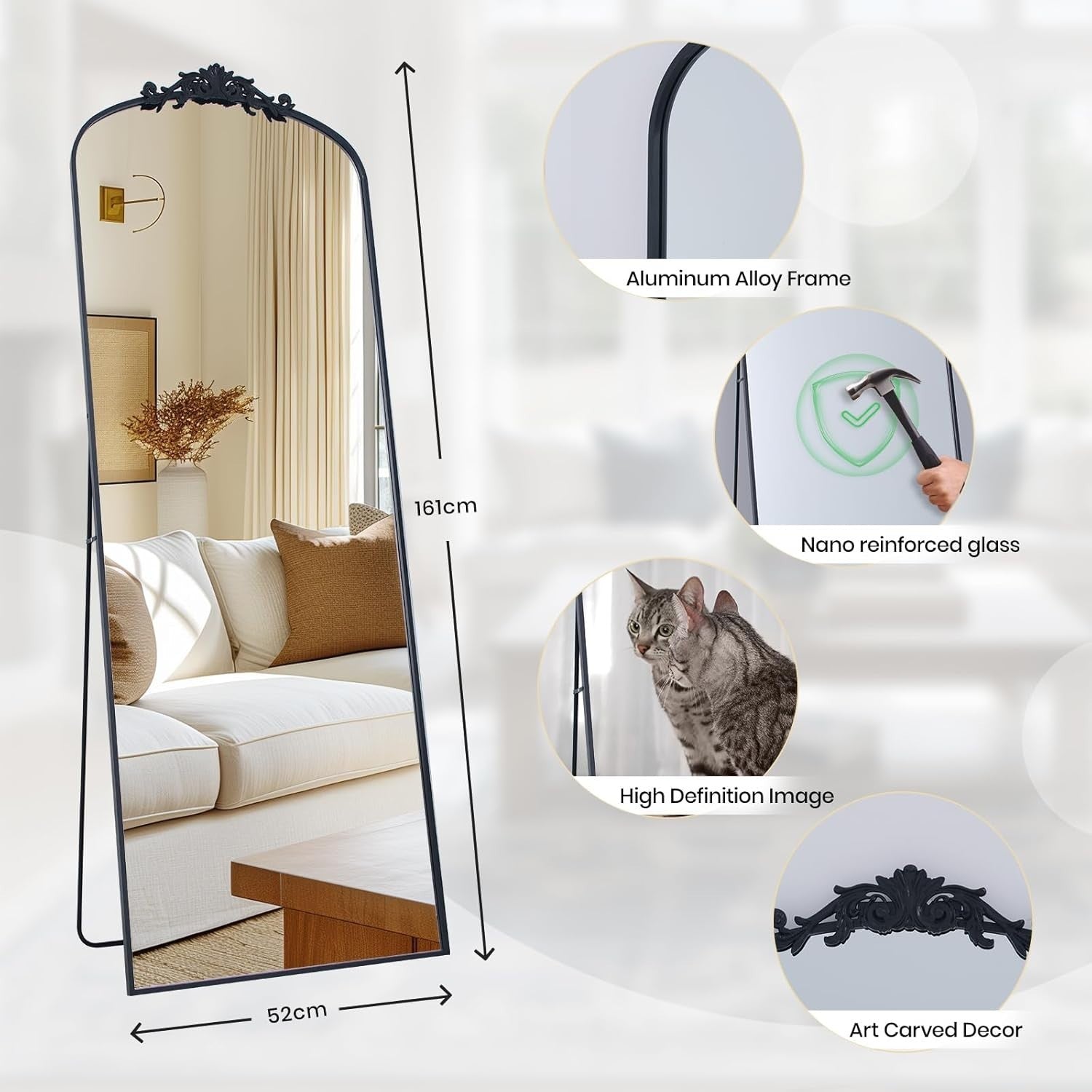 Full Length Arch Mirror 161x52cm Wall Leaning Black Frame Dressing Room