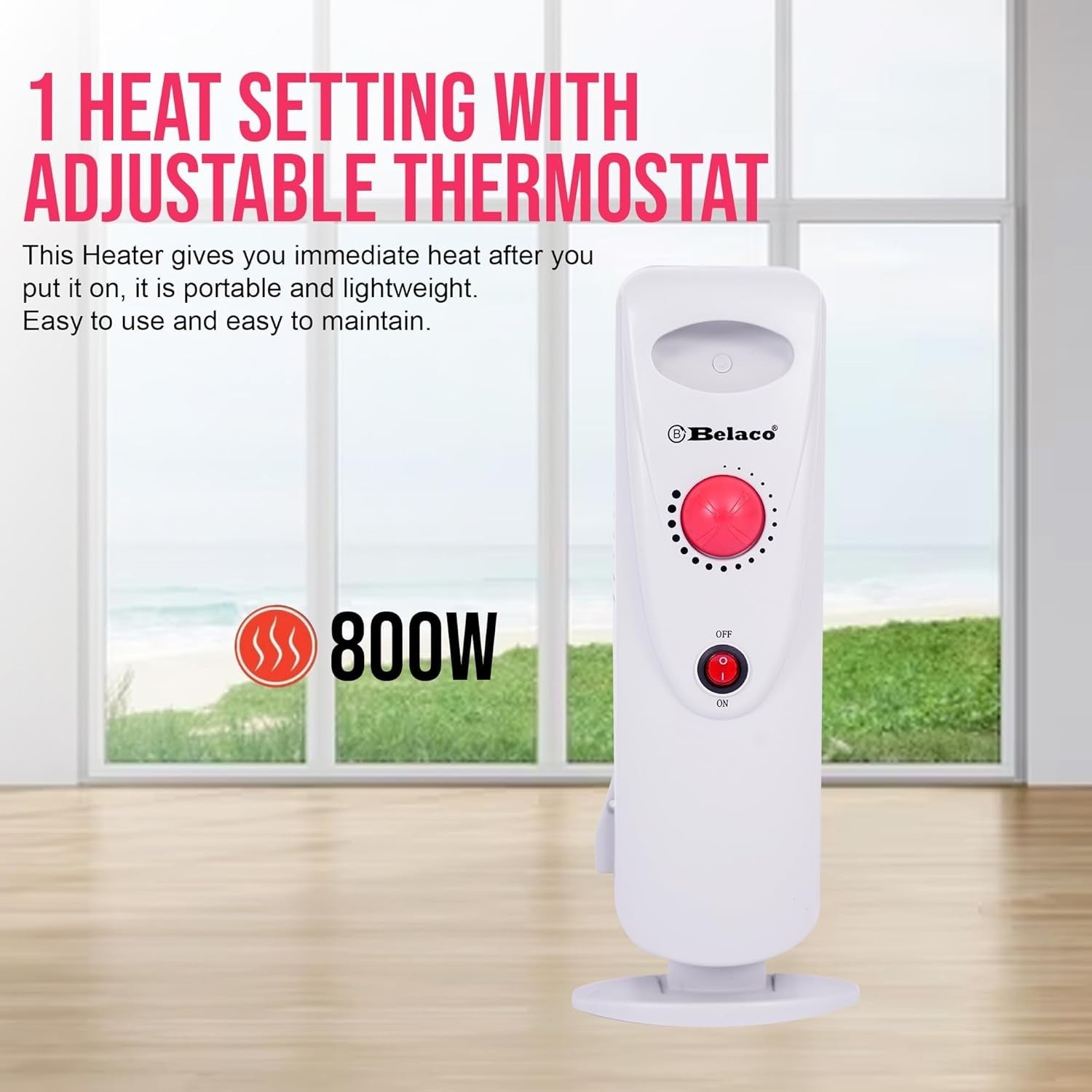 800W Mini Oil Filled Radiator 7 Fin Portable Electric Heater White