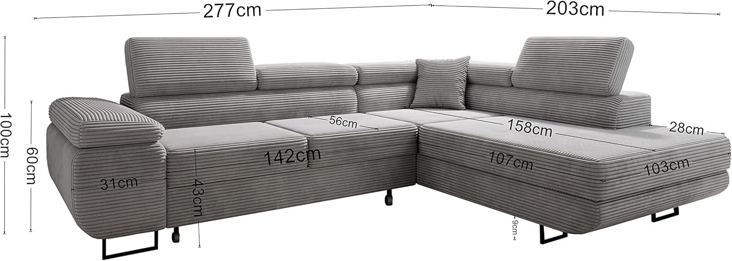 Corner Sofa Bed with Storage Beige Cord L Shape 277x203cm 3 Seater