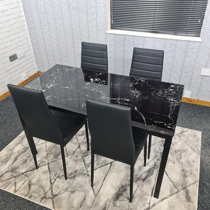 Black Glass Marble Dining Table Set with 4 Faux Leather Chairs Modern