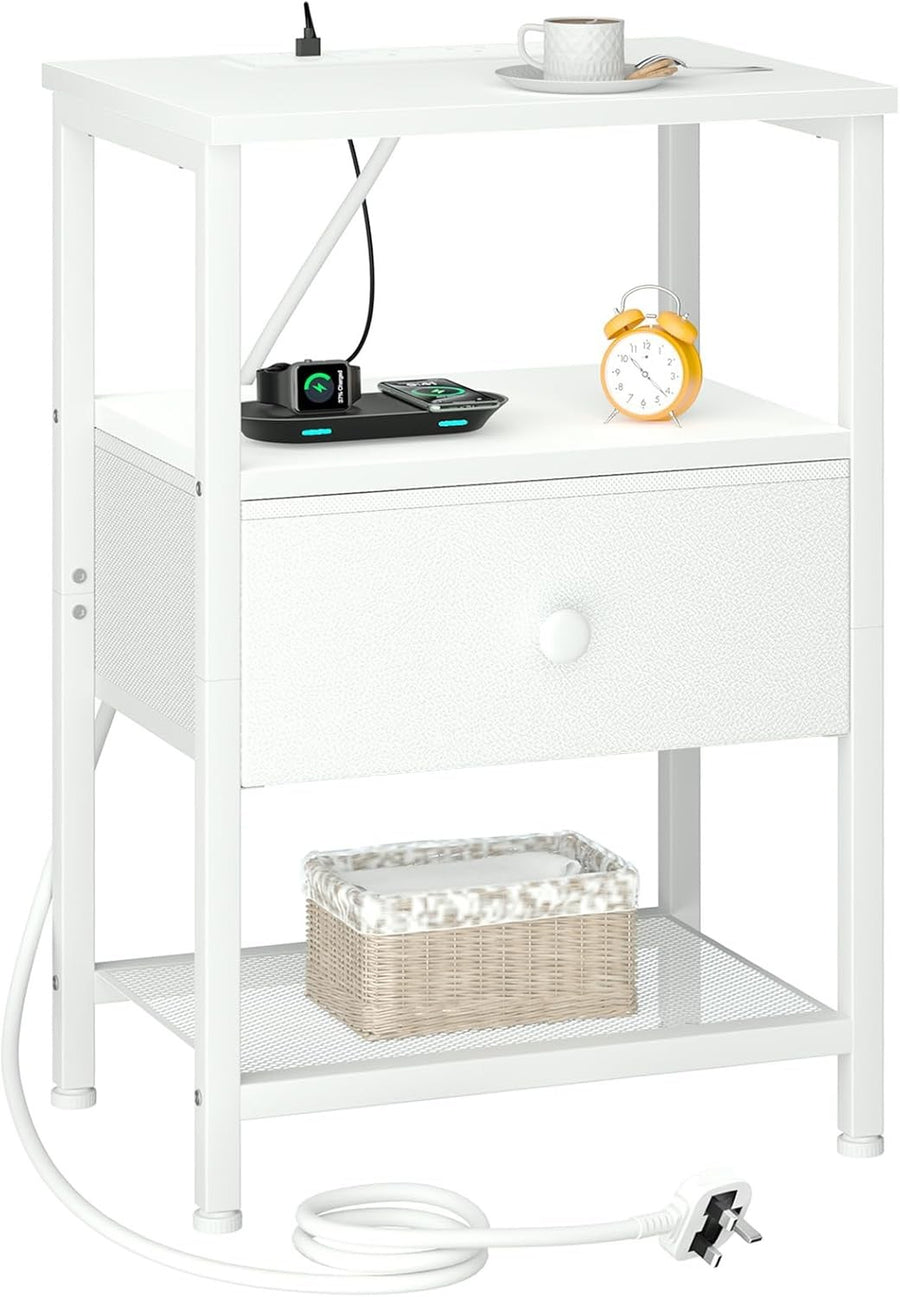White Bedside Table with Charging Station Small Nightstand Fabric Drawer & Shelf