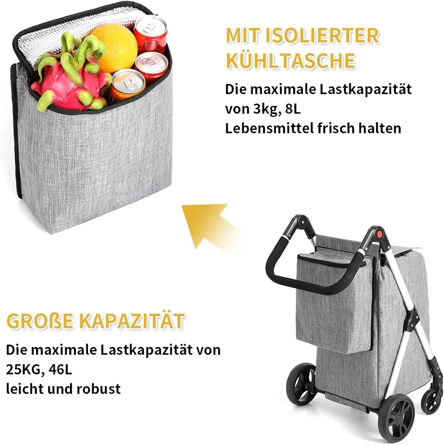 46L Folding Shopping Cart Trolley Insulated Cooler Bag Aluminum Grey