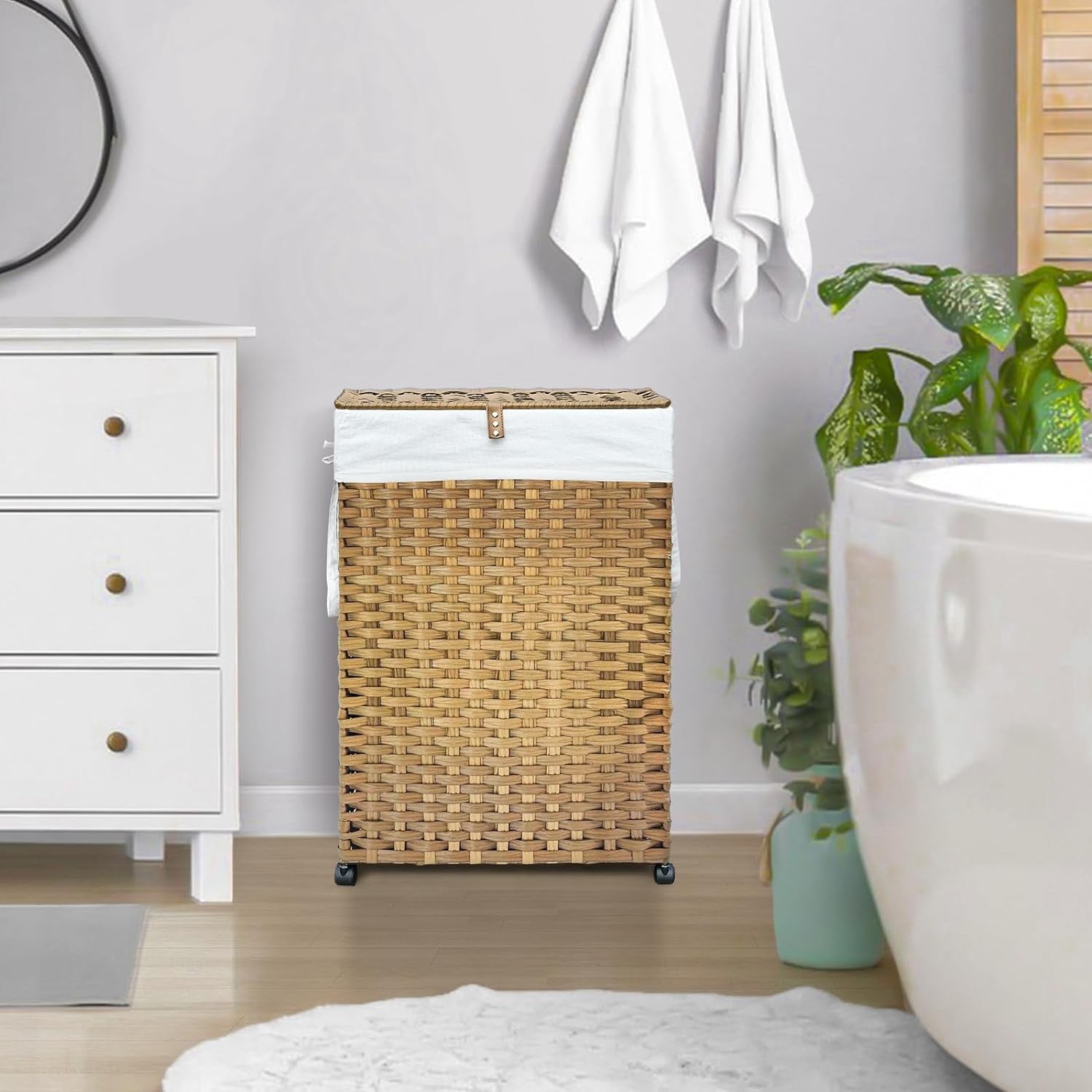 70L Rattan Laundry Hamper with Wheels 2 Removable Bags Slim Bedroom Basket
