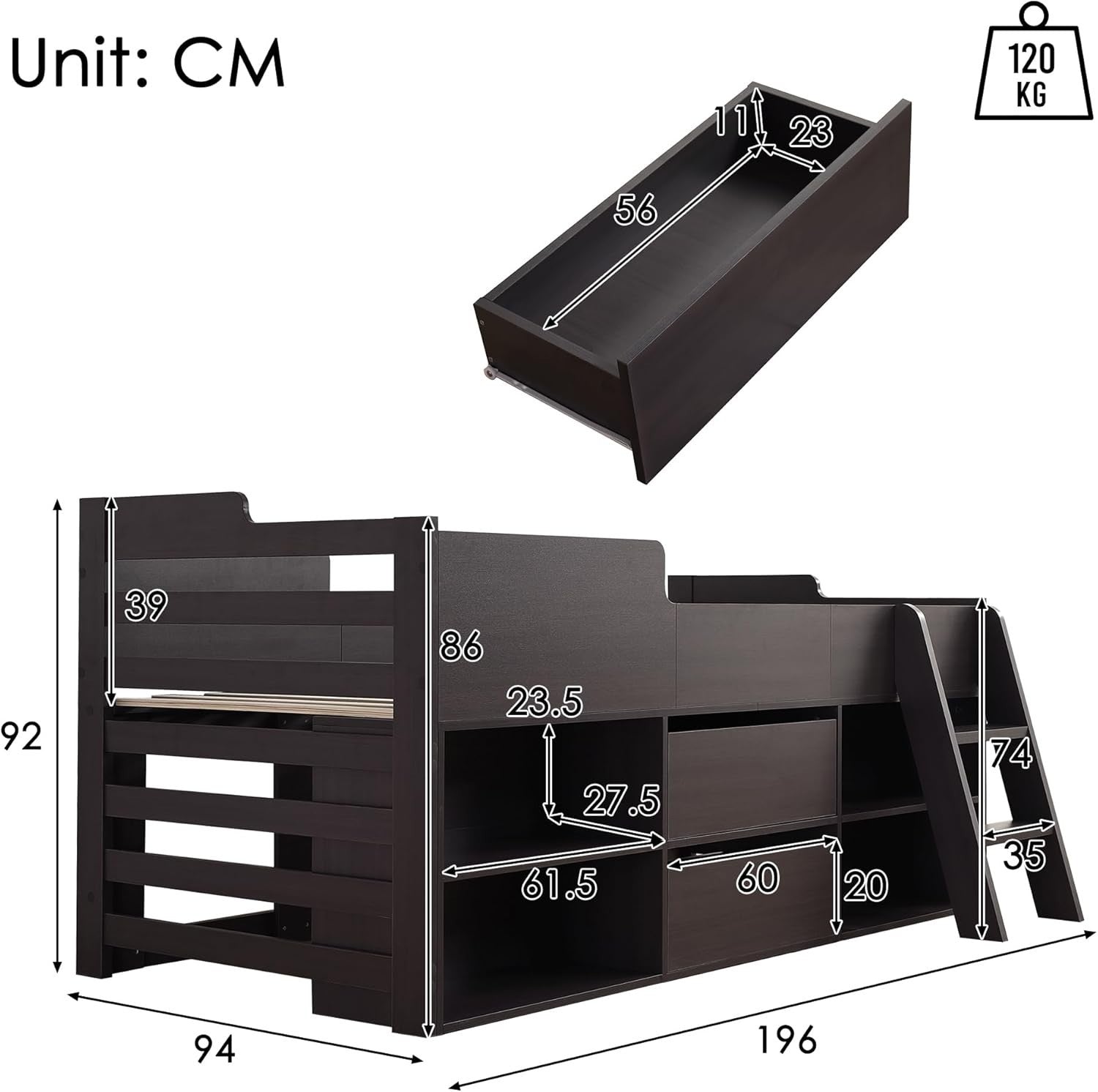 Kids Single Bed with Storage Drawers & Shelves, Space Saving 3FT Frame