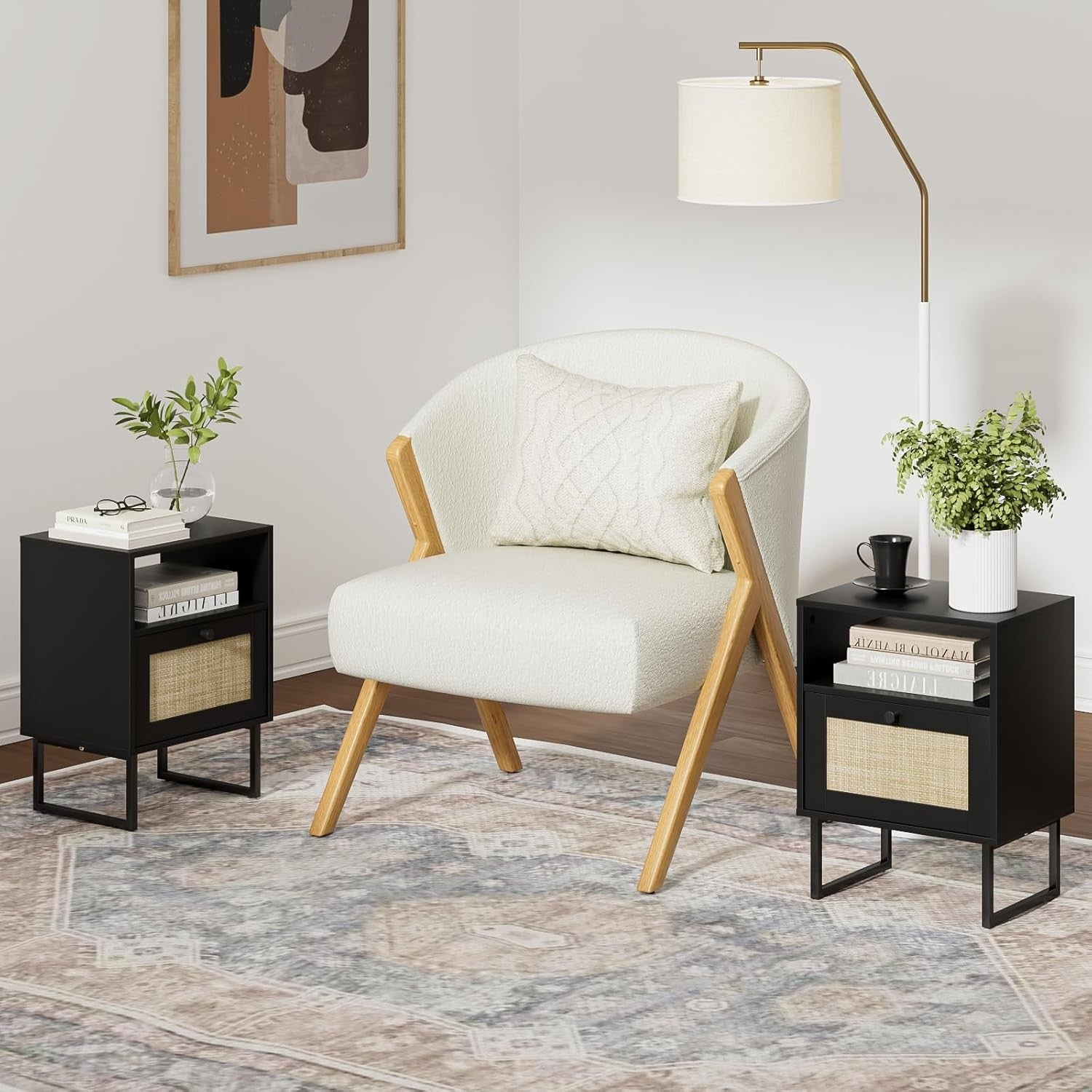 Modern Black Rattan Bedside Table with Drawer & Shelf Metal Frame Nightstand