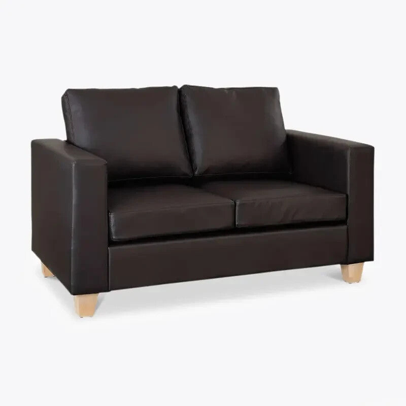 Brown Faux Leather 2 Seater Sofa Compact Couch Padded Cushions Wood Legs