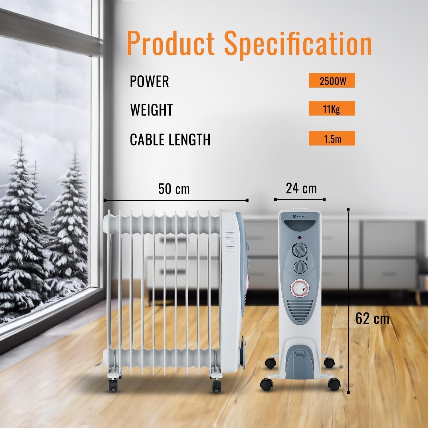 Oil Filled Radiator Heater 2500W 11 Fin Portable Electric Heater Timer