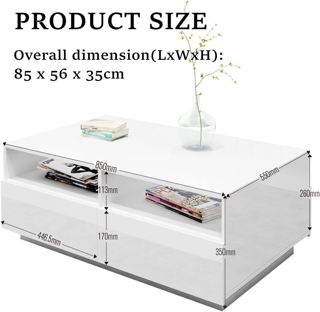 Modern White Gloss Coffee Table with 4 Drawers & LED Light 85x55x35cm