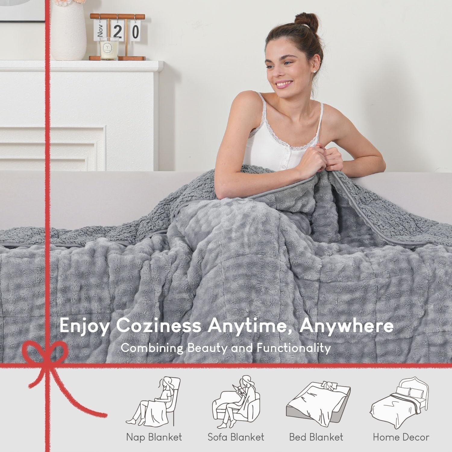 15lb Weighted Blanket 60x80 Soft Sherpa Fleece Grey Warm Adult Aid