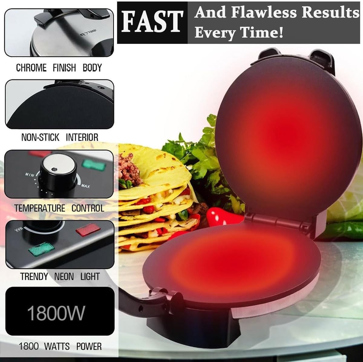 Electric Roti Maker 1800W Chapati Press Non-Stick Tortilla Pancake Machine