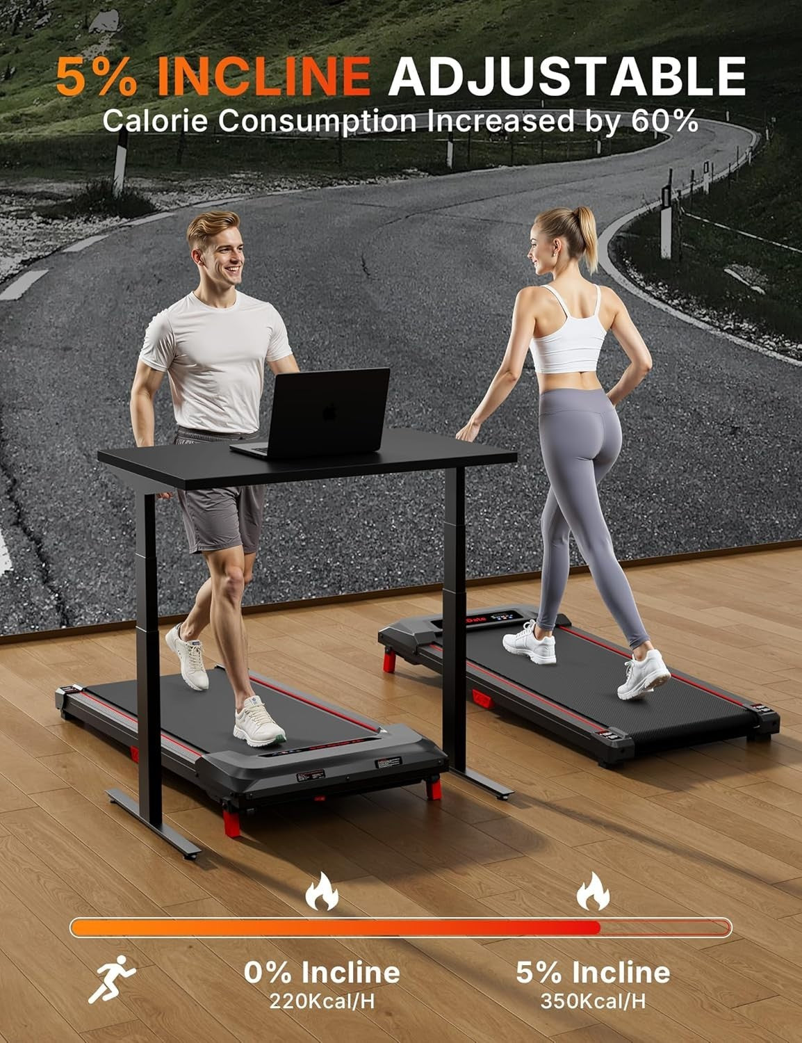 Compact Under Desk Treadmill 5% Incline Low Noise Home Office Fitness