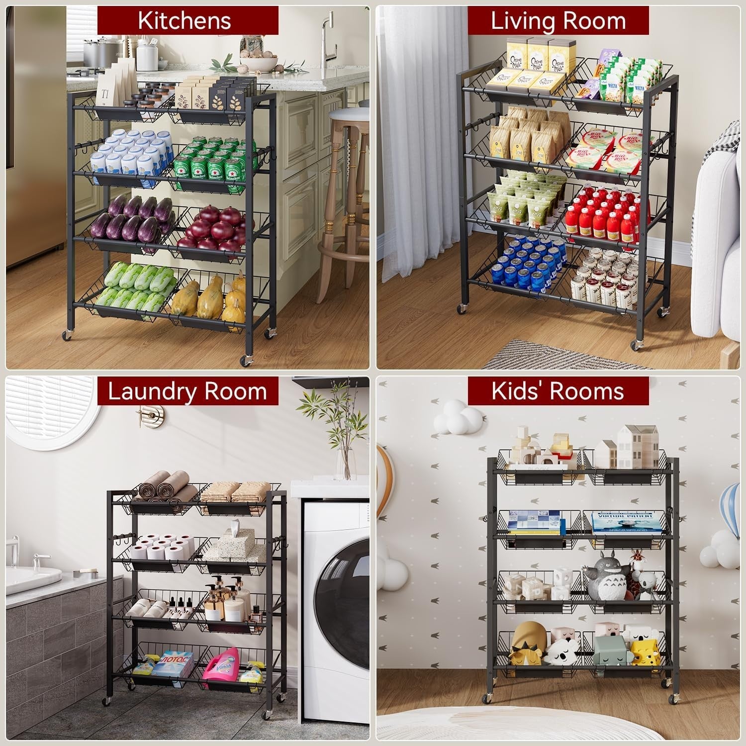 4 Tier Rolling Kitchen Storage Cart 8 Basket Fruit Vegetable Trolley