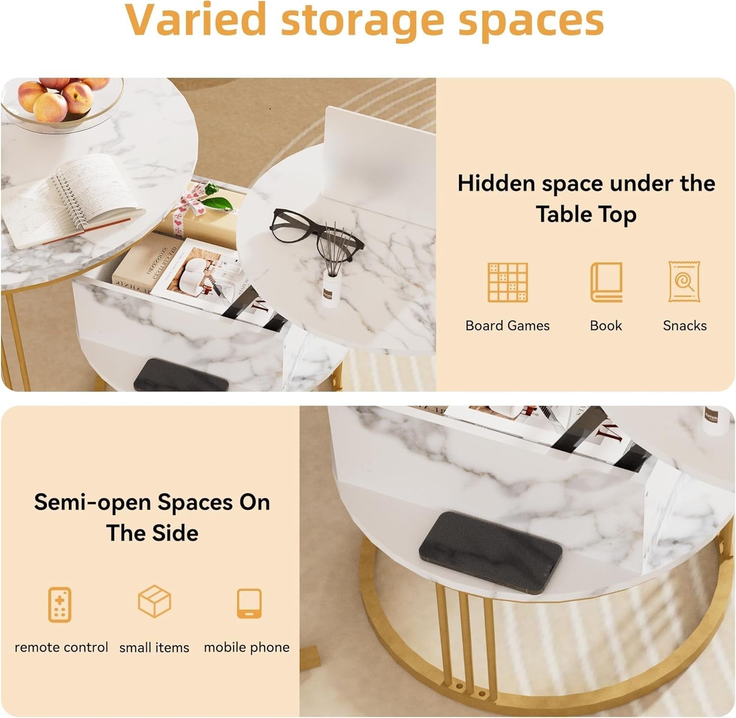 Marble Nesting Coffee Table Set, Lift-Top Hidden Storage, Round End Tables