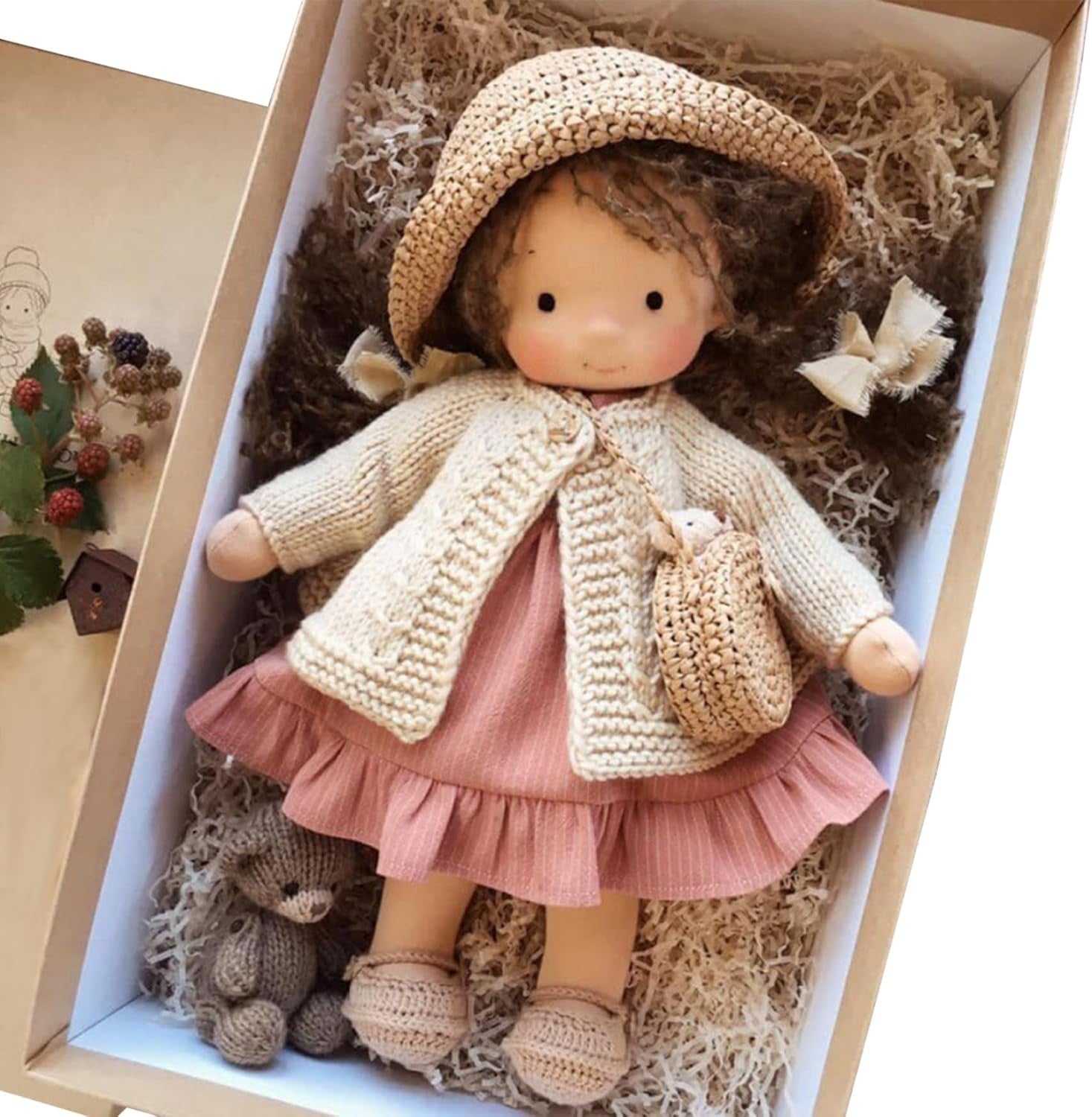 Cute Rag Doll Plush Toy with Hat Bag Shoes Boxed Gift for Babies Kids