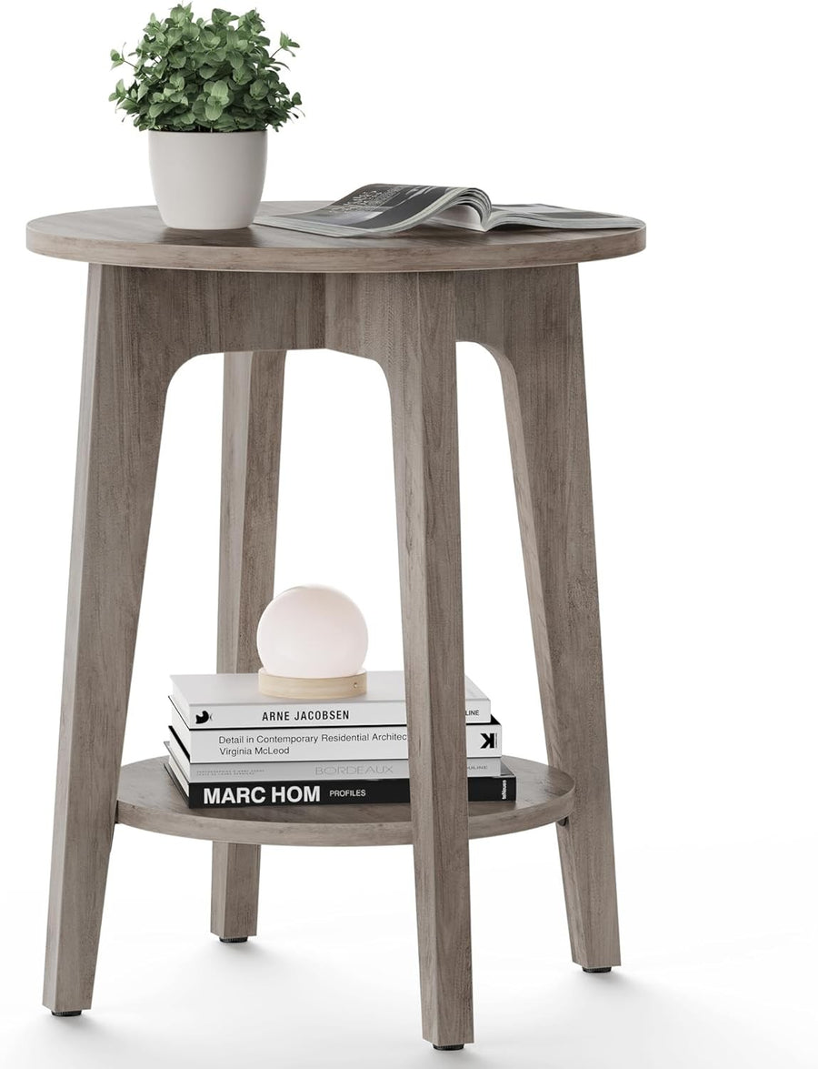 Small Round Side Table with Shelf, Space-Saving Bedside End Table, Wood Look