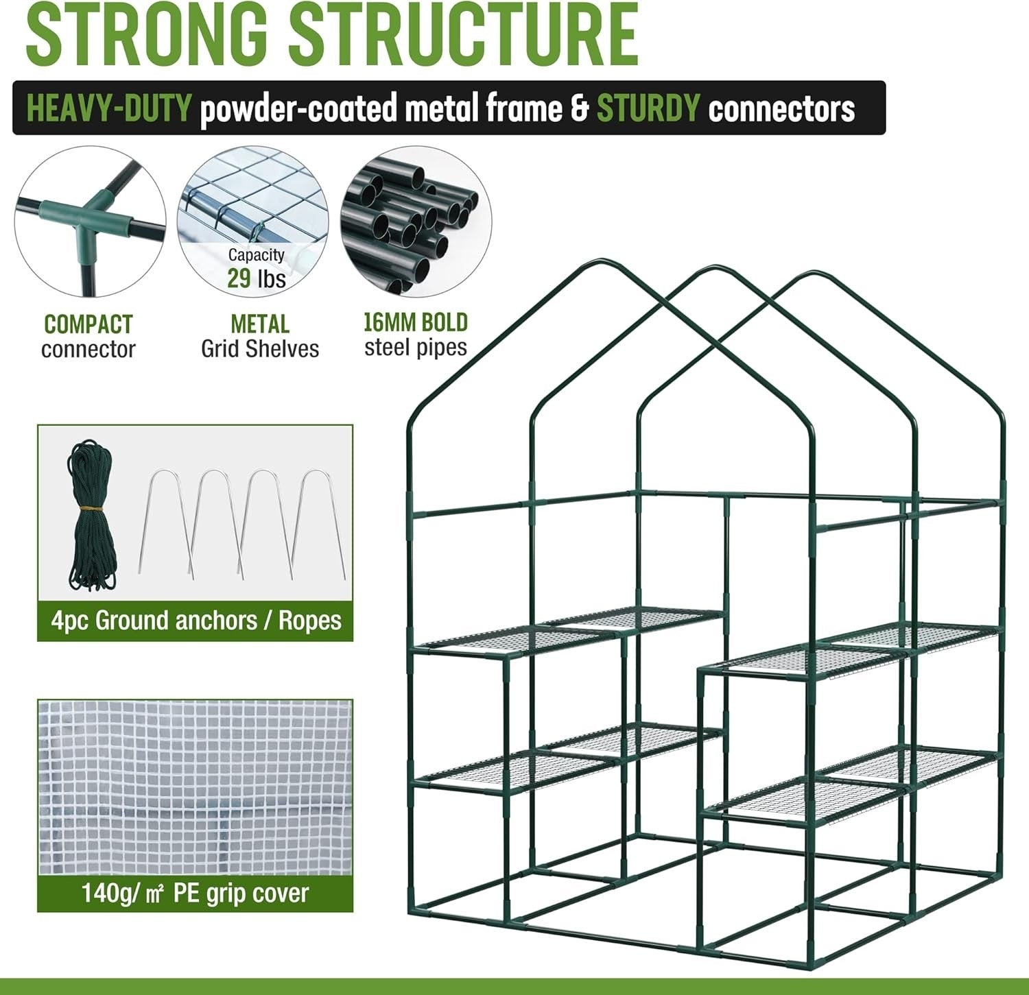 Large Walk-In Greenhouse 8 Shelves | Waterproof PE Cover | Roll-Up Door
