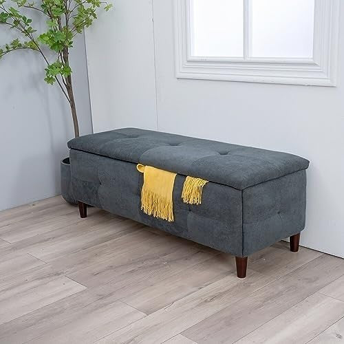 Grey Linen Storage Ottoman Bench with Seat & Lift-Up Lid 115x45x45