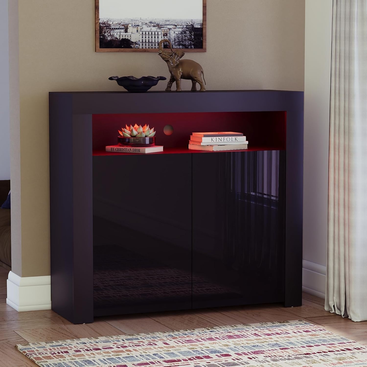 Modern Black LED Sideboard 2 Doors Magnetic Storage Cabinet RGB Lighting