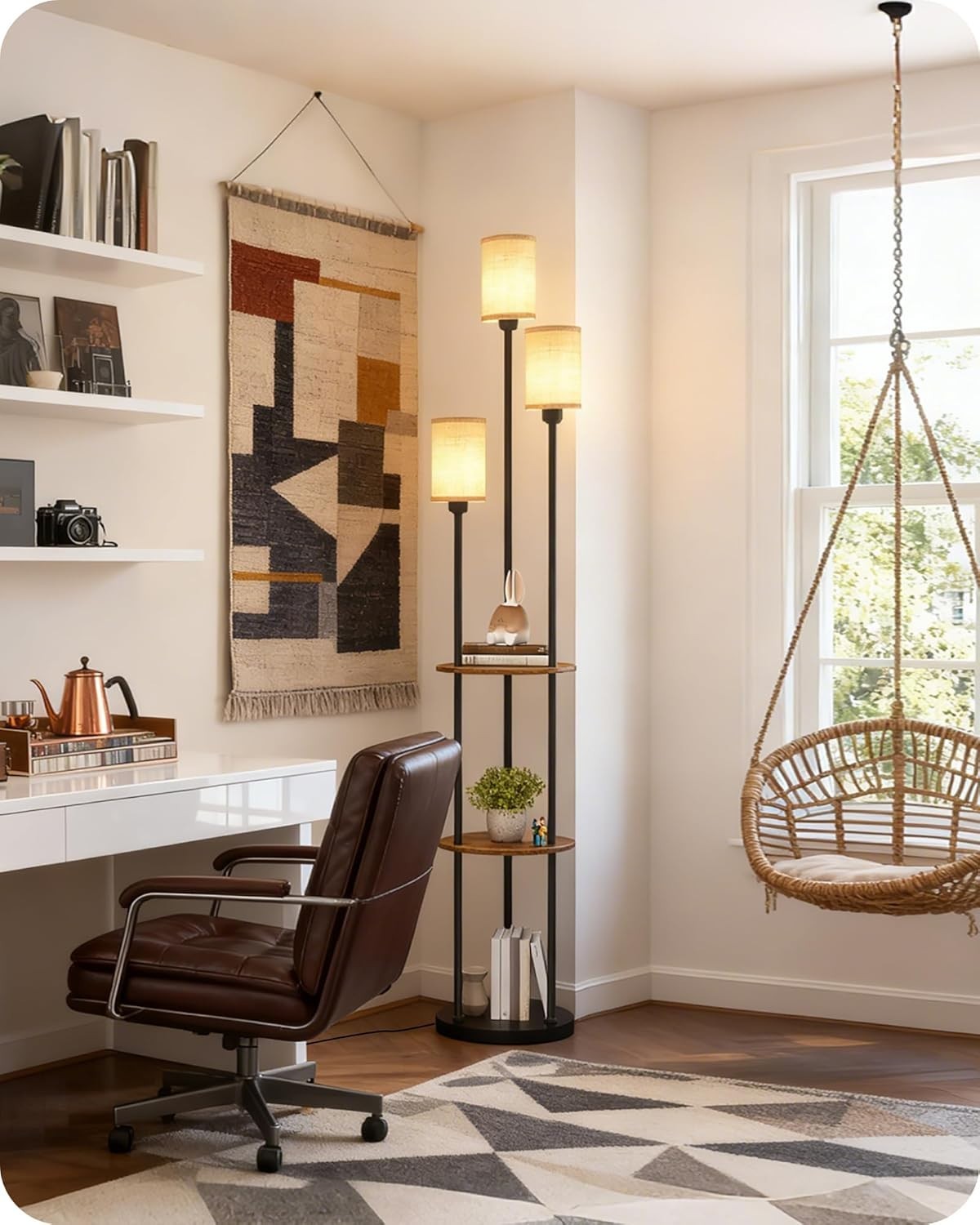 Industrial Floor Lamp with Shelves 3 Light Linen Shades Standing Lamp