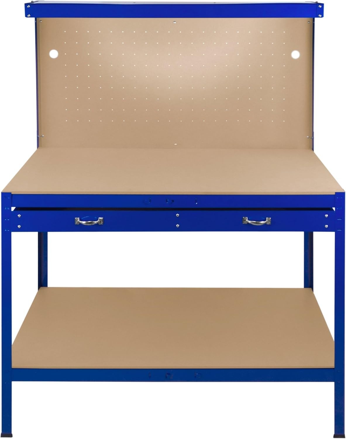 Blue Garage Workbench Steel Pegboard Drawer LED Light 370kg Tool Station